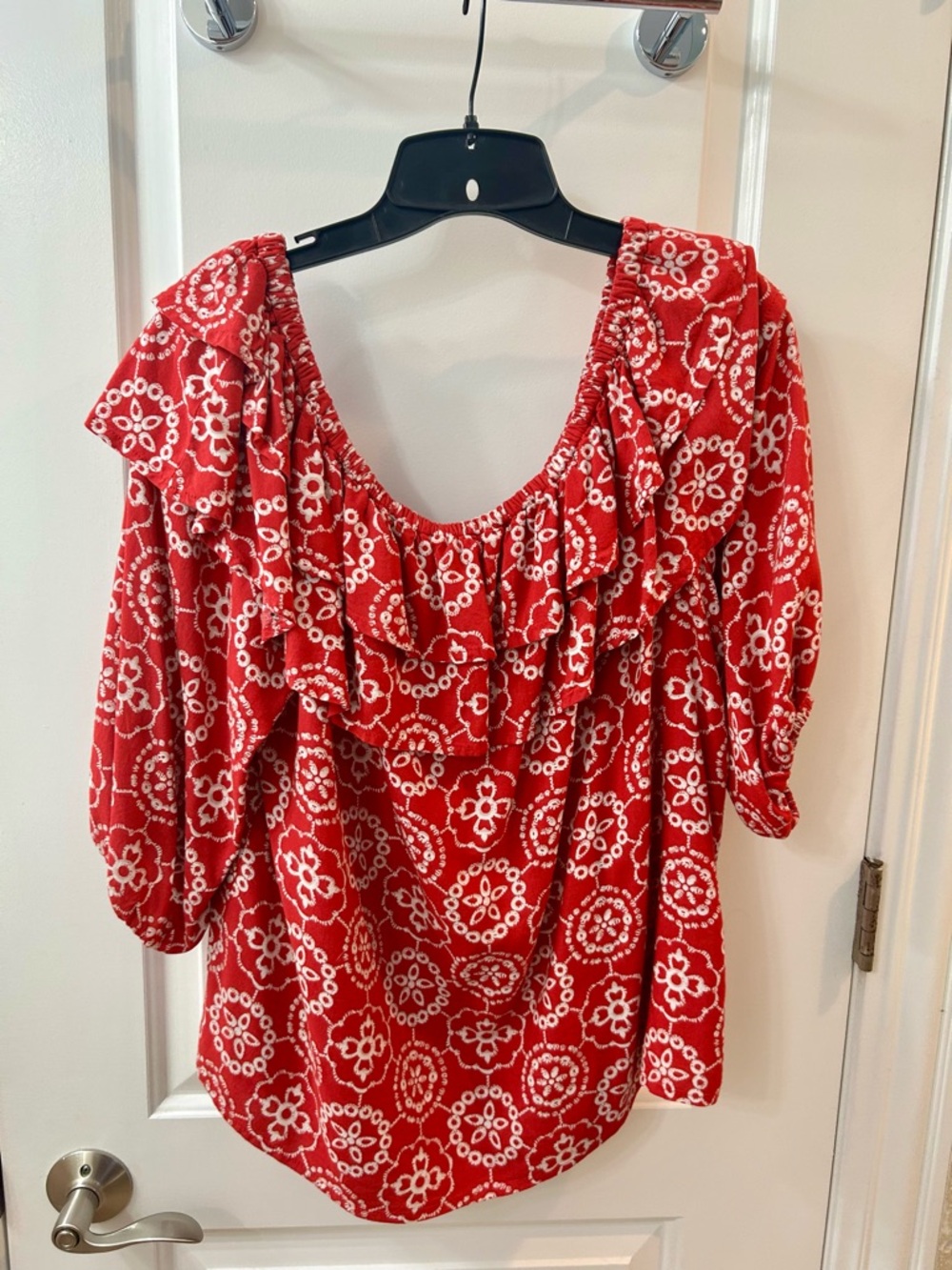 Vince Camuto Red Off-Shoulder Ruffle Blouse, Size M, Good Condition